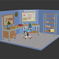 Indoor Workspace With Blue Walls Wooden Desk Green Lamp Blue Chair Shelves Books Clock And Map