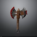 Fantasy Axe Weapon With Red And White Blades Wooden Checkered Handle Design