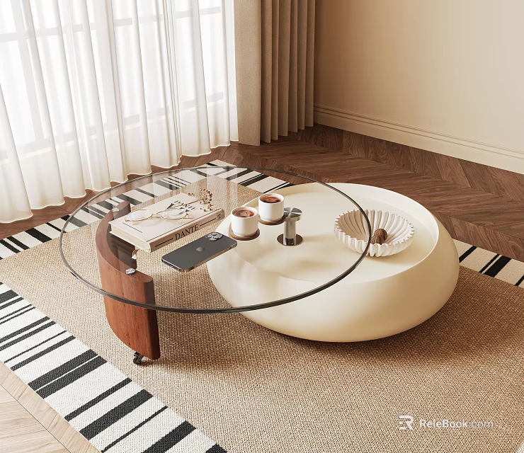 Modern Round Coffee Table With Glass Top White Base And Magazine Cup On Striped Rug 3d model 