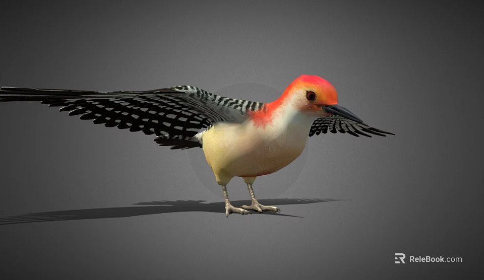Colorful Flying Bird With Red Head And Black And White Wings And Yellow Belly Standing 3d model 