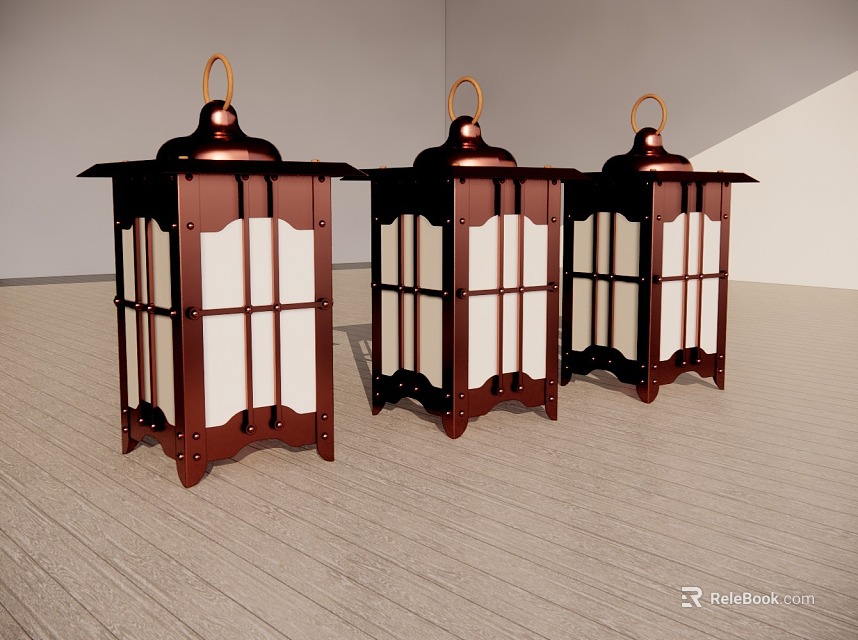 Unique Shaped Lantern Style Floor Lamps With Brown Frame And White Panels For Modern Interior 3d model 