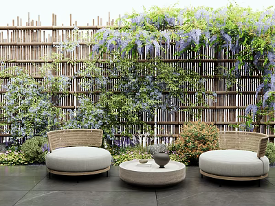Lush Vines With Purple Flowers Climbing Bamboo Fence In Courtyard With Wicker Chairs And Table 3d model