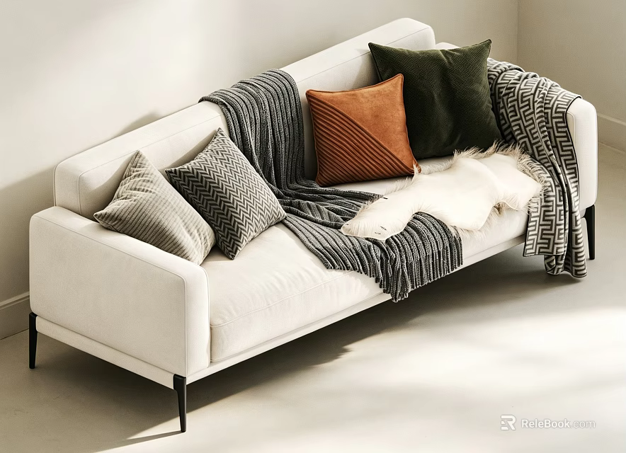 White Two Seater Sofa with Decorative Pillows Striped Blanket Fur Throw and Black Legs 3d model 