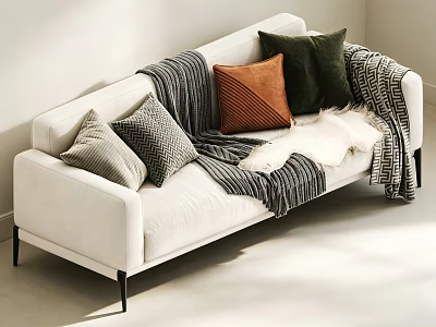 White Two Seater Sofa with Decorative Pillows Striped Blanket Fur Throw and Black Legs 3d model