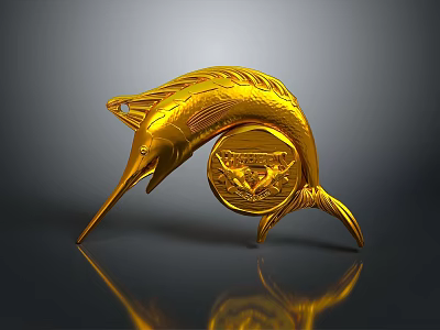 Golden Marlin Fish Shaped Decorative Ornament With Circular Emblem For Home Decor 3d model