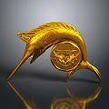 Golden Marlin Fish Shaped Decorative Ornament With Circular Emblem For Home Decor
