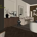 Modern Living Room Interior Design With Beige Sofa Round Armchair Herringbone Floor And Decorative Art