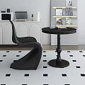 Modern Interior Black Round Table And Unique Chair Set With Checkered Rug 3d model