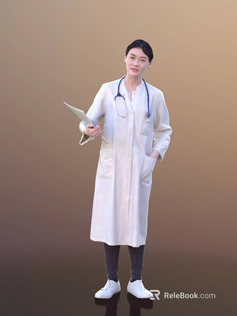Professional Woman in White Doctor Coat with Stethoscope Holding Medical Folder 3d model 