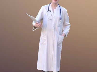 Professional Woman in White Doctor Coat with Stethoscope Holding Medical Folder 3d model