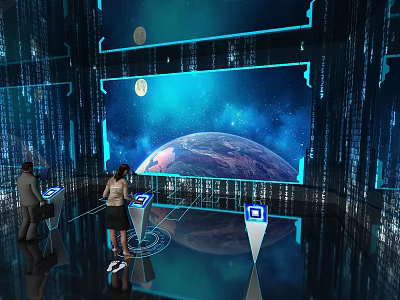 Two People Explore Interactive Tech Display With Large Earth Starry Sky Screen And Digital Background 3d model