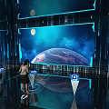 Two People Explore Interactive Tech Display With Large Earth Starry Sky Screen And Digital Background 3d model
