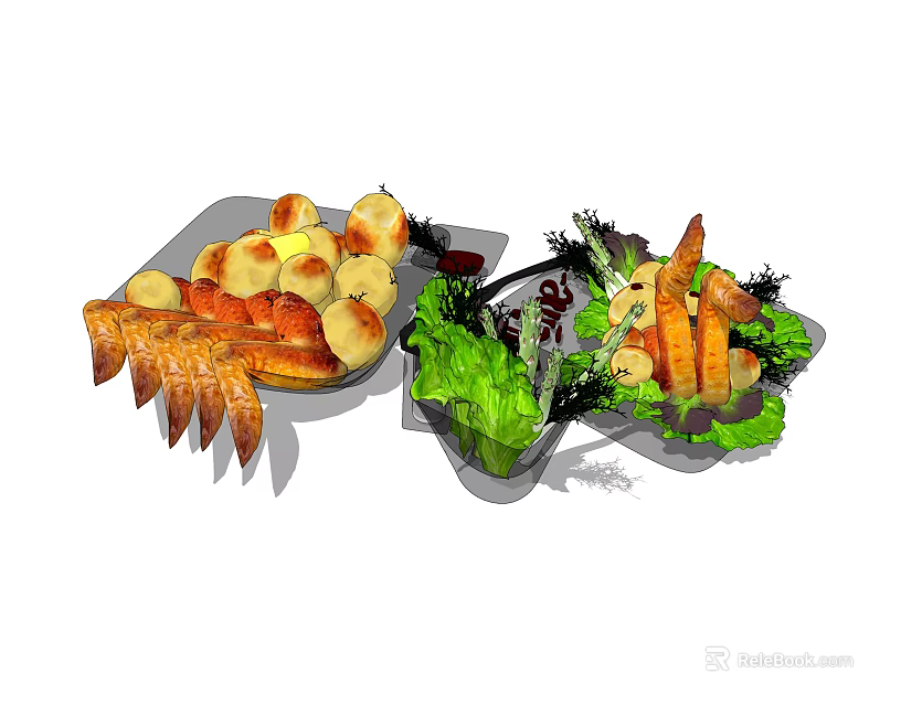 Assorted Fried Snacks With Potato Balls And Fresh Salad Bowl With Lettuce And Strips 3d model 
