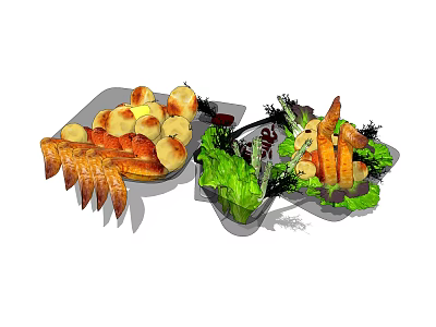 Assorted Fried Snacks With Potato Balls And Fresh Salad Bowl With Lettuce And Strips 3d model