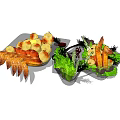Assorted Fried Snacks With Potato Balls And Fresh Salad Bowl With Lettuce And Strips