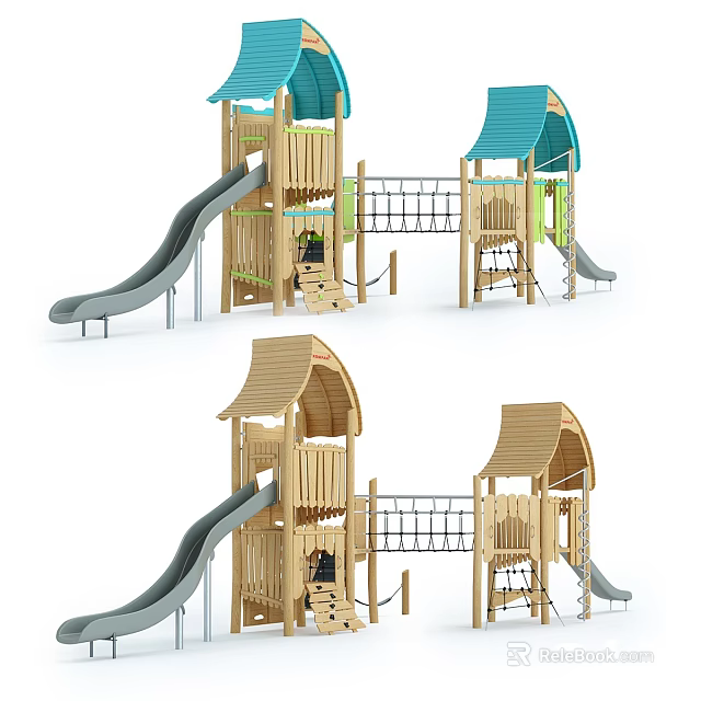 Wooden Playground Structure With Multi Level Design Slides Climbing Frames And Colorful Roofs 3d model