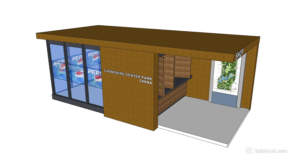 Convenience Store Exterior Design With Glass Doors Brown Roof And Counter 3d model 