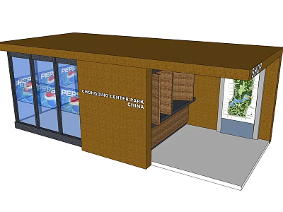 Convenience Store Exterior Design With Glass Doors Brown Roof And Counter 3d model