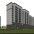 Modern Residential Building With Beige Brown Exterior Multiple Balconies Green Lawn And Surrounding Buildings 3d model