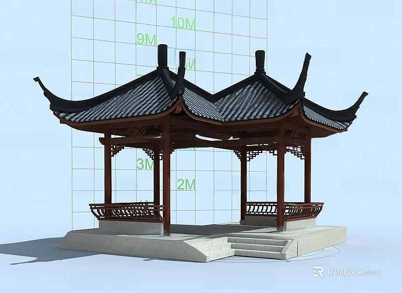 Traditional Ancient Chinese Pavilion Featuring Wooden Structure Black Tiled Roof And Curved Eaves 3d model 