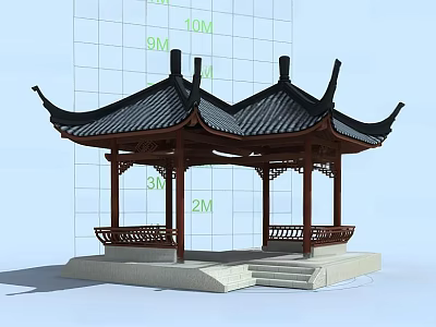 Traditional Ancient Chinese Pavilion Featuring Wooden Structure Black Tiled Roof And Curved Eaves 3d model