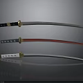 Three Traditional Samurai Swords With Decorative Handles And Colored Blades