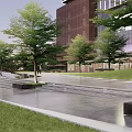 Modern Times China Plaza Landscape with Green Lawn Lush Trees and Tall Buildings