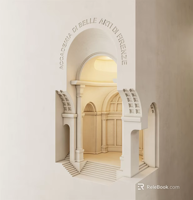 Elegant Wall Sconces in Arched Interior Space with White Walls and Warm Lighting 3d model 