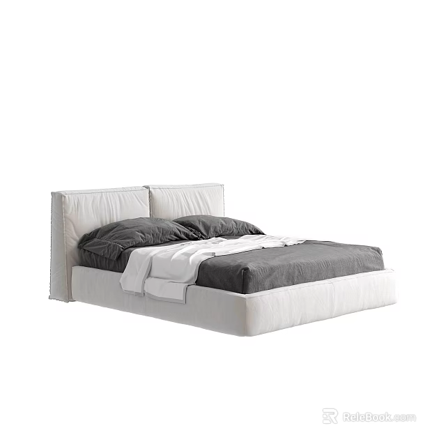 Modern Double Bed With White Headboard Frame And Gray Quilt Mattress 3d model