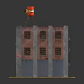 Industrial Warehouse with Red Brick Walls Windows Red Water Tower American Flag Yellow Star Decorations