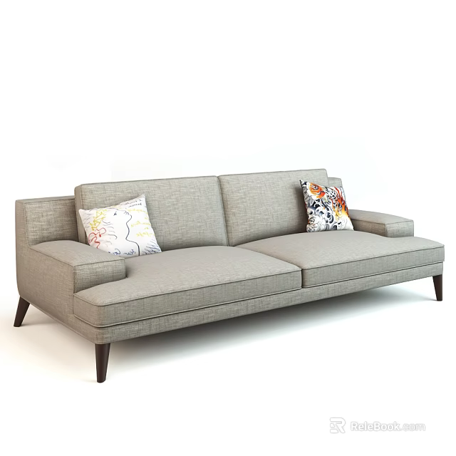 Gray Two Seater Sofa With Patterned Pillows And Dark Legs In Modern Style Design 3d model