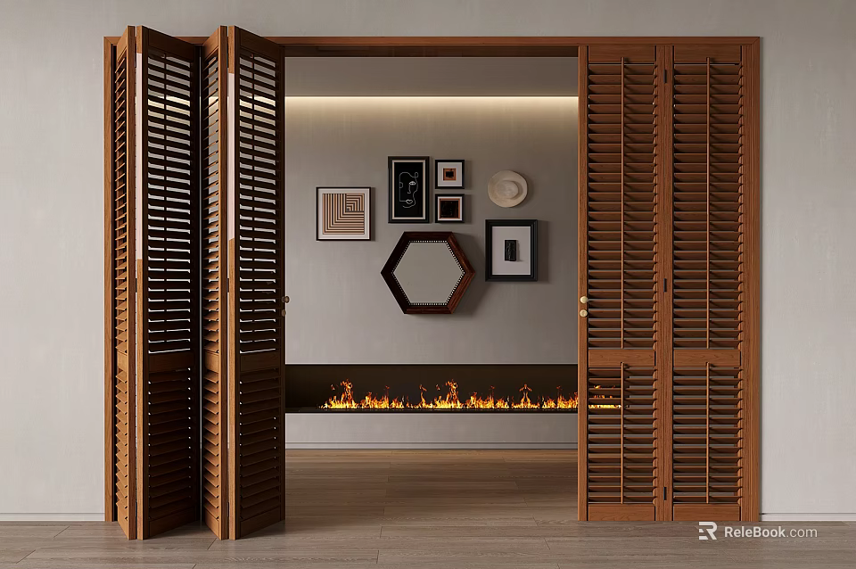 Wooden Louvered Folding Doors Opening to Interior Space with Fireplace and Decorative Wall Art 3d model 