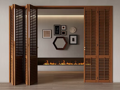 Wooden Louvered Folding Doors Opening to Interior Space with Fireplace and Decorative Wall Art 3d model