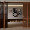 Wooden Louvered Folding Doors Opening to Interior Space with Fireplace and Decorative Wall Art