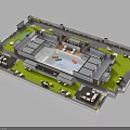 Courtyard Style Building Layout With Green Areas Swimming Pool And Patio Seating