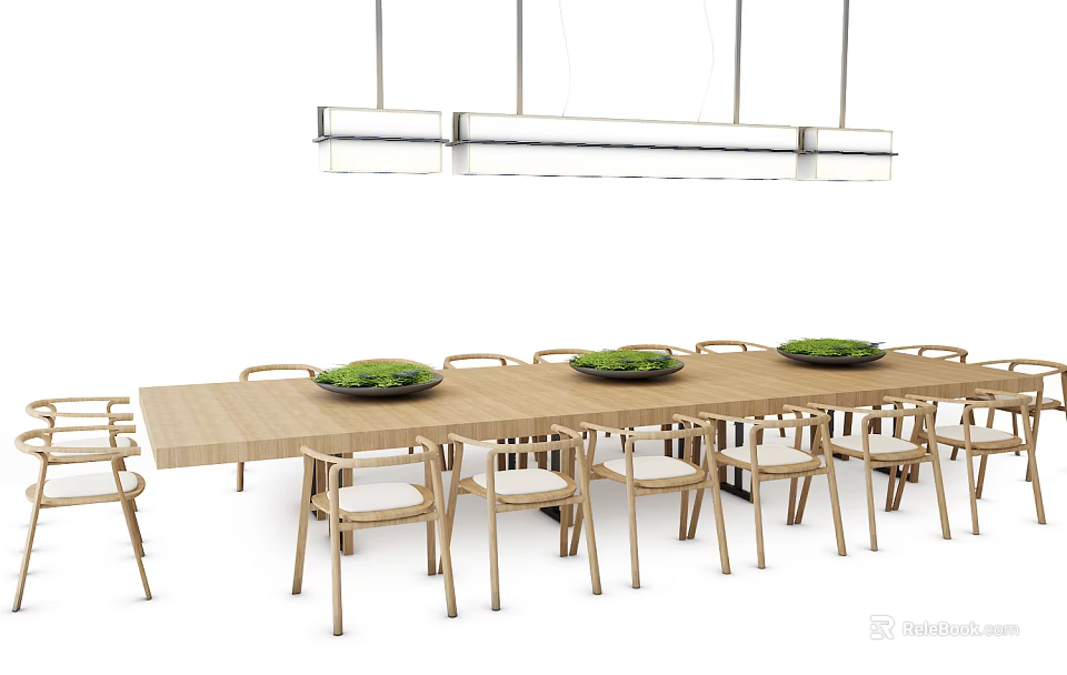 Wooden Conference Table With Matching Chairs Green Bowls On Top And Hanging Pendant Lights Above 3d model 