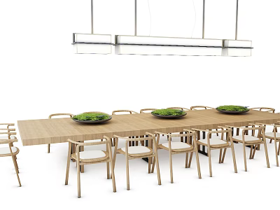 Wooden Conference Table With Matching Chairs Green Bowls On Top And Hanging Pendant Lights Above 3d model