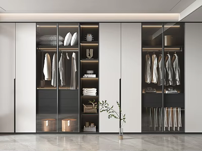Modern Wardrobe With Glass Doors And Interior Storage Spaces For Hanging And Folded Clothes 3d model