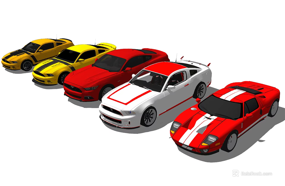 Multiple Colorful Sports Cars In Yellow Red White With Stripe Designs Parked In A Row 3d model 
