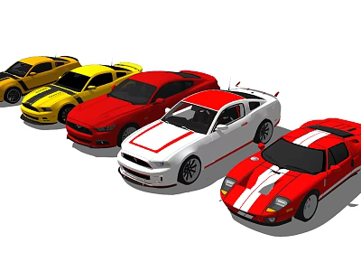 Multiple Colorful Sports Cars In Yellow Red White With Stripe Designs Parked In A Row 3d model
