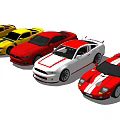 Multiple Colorful Sports Cars In Yellow Red White With Stripe Designs Parked In A Row