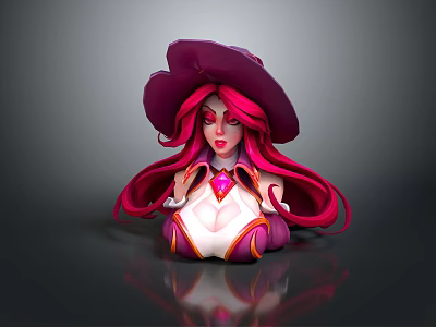 Witch Character With Long Pink Hair Purple Hat And Heart Gem 3d model