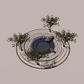 Circular Water Fountain With Multiple Water Jets And Surrounding Trees On Stone Pavement