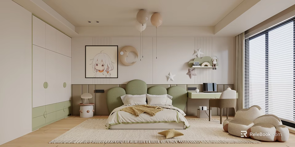 Cute Kids Room Interior With Green Bed Cartoon Wall Art Hanging Balloons And Star Decorations 3d model 
