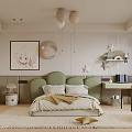 Cute Kids Room Interior With Green Bed Cartoon Wall Art Hanging Balloons And Star Decorations