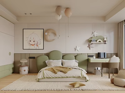 Cute Kids Room Interior With Green Bed Cartoon Wall Art Hanging Balloons And Star Decorations 3d model