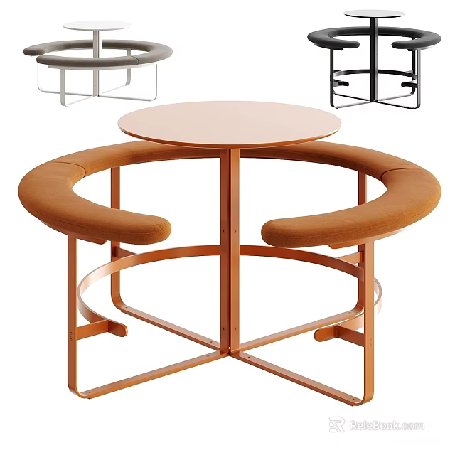 Modern Round Dining Table Set With Curved Brown Bench Metal Frame And Stools 3d model