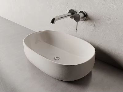 White Oval Shaped Washbasin On Grey Countertop With Silver Wall Mounted Faucet 3d model