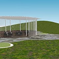 Outdoor Pergola With Grid Roof Structure Wooden Deck And Tables Chairs Surrounded By Green Plants