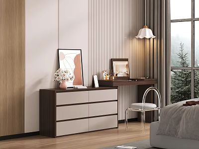 Dark Wooden Dressing Table with Drawers Photo Frames Vase with Flowers and Stool by Window 3d model